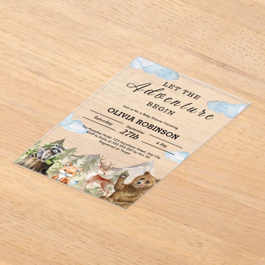 Lass der Adventure Begin Mountain Boy Baby Shower Acryleinladungen (Ablage )
