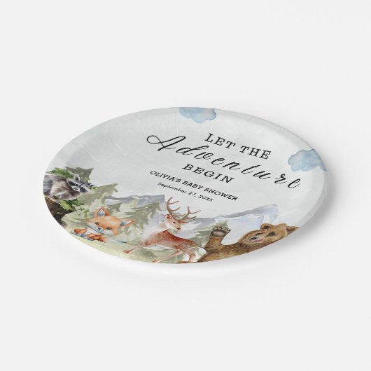 Lass der Adventure Begin Mountain Boy Baby Shower Pappteller (Schrägansicht)