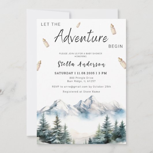 Lass der Adventure Begin Mountain Girl Babydusche Einladung (Vorderseite)