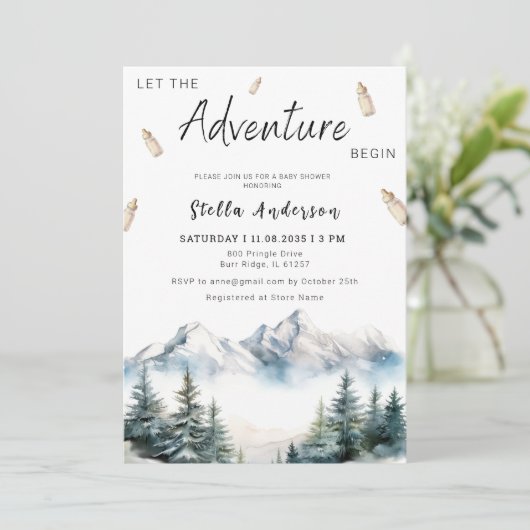 Lass der Adventure Begin Mountain Girl Babydusche Einladung (Stehend Vorderseite)