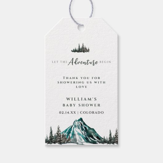 Lass der Adventure Begin Mountain Pine Baby Dusche Geschenkanhänger (Vorderseite)