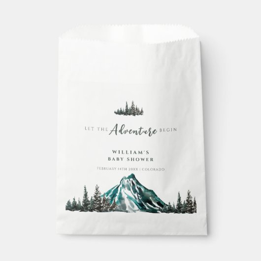 Lass der Adventure Begin Mountain Pine Baby Dusche Geschenktütchen (Vorderseite)
