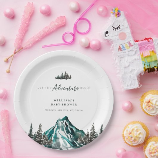 Lass der Adventure Begin Mountain Pine Baby Dusche Pappteller (Party)