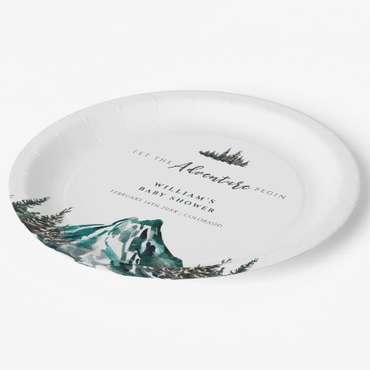 Lass der Adventure Begin Mountain Pine Baby Dusche Pappteller (Schrägansicht)