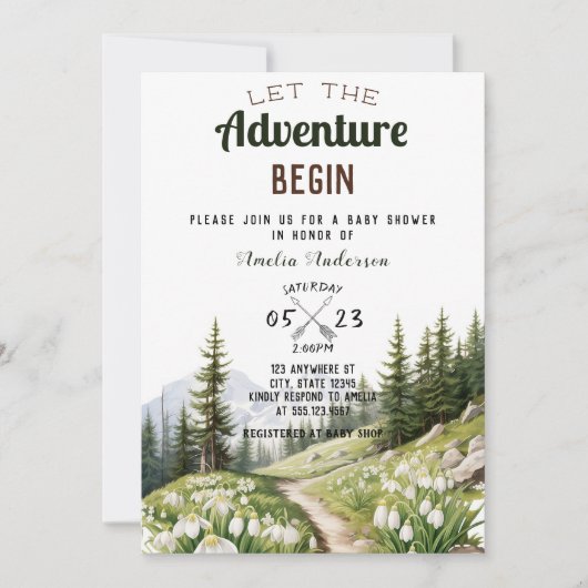 Lass der Adventure Begin Mountains Baby Dusche Einladung (Vorderseite)