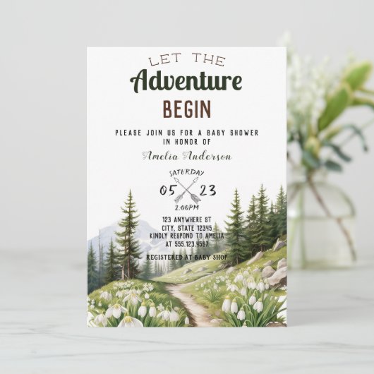 Lass der Adventure Begin Mountains Baby Dusche Einladung (Stehend Vorderseite)