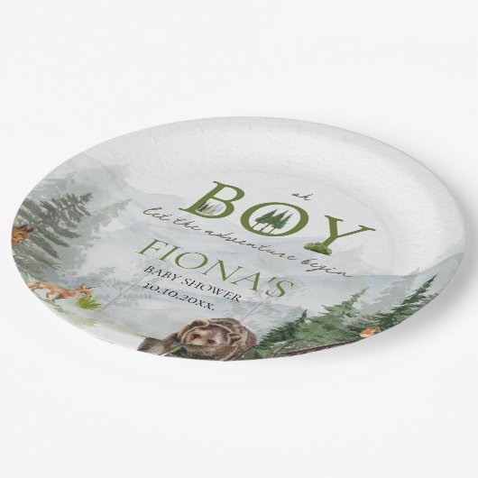 Lass der Adventure Begin Mountains Boy Baby Dusche Pappteller (Schrägansicht)