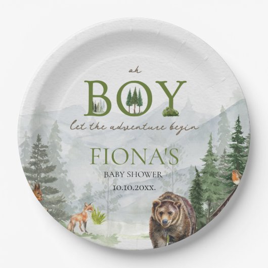 Lass der Adventure Begin Mountains Boy Baby Dusche Pappteller (Vorderseite)