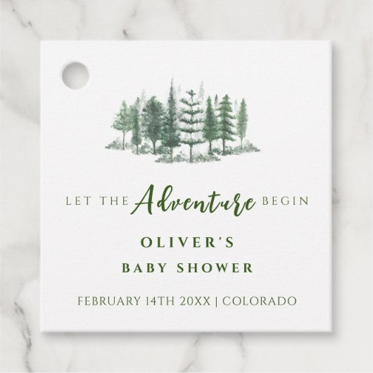 Lass der Adventure Begin Rustic Forest Baby Shower Geschenkanhänger (Vorderseite)