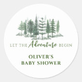 Lass der Adventure Begin Rustic Forest Baby Shower Runder Aufkleber (Vorderseite)