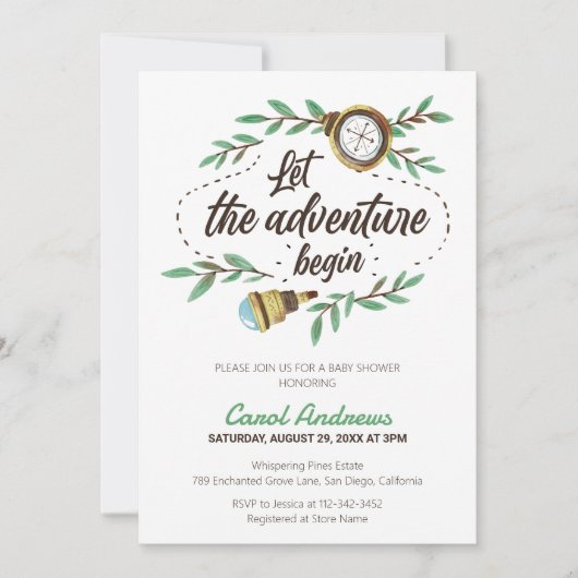 Lass der Adventure Begin Watercolor Babydusche Einladung (Vorderseite)