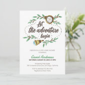 Lass der Adventure Begin Watercolor Babydusche Einladung (Stehend Vorderseite)