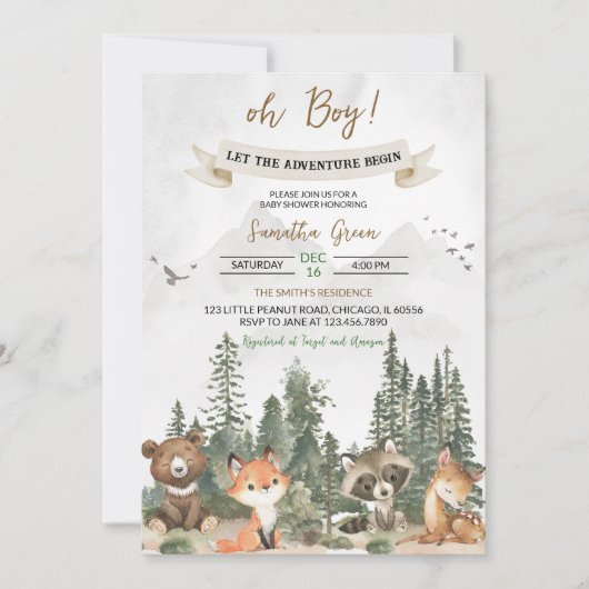 Lass der Adventure Begin Woodland Baby Shower Einladung (Vorderseite)