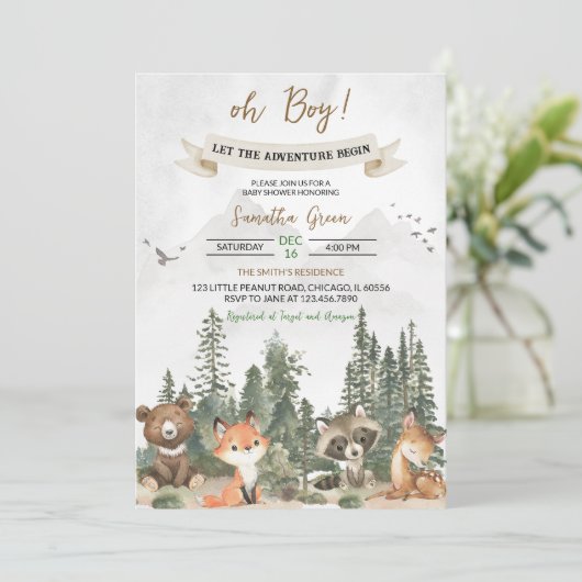 Lass der Adventure Begin Woodland Baby Shower Einladung (Stehend Vorderseite)