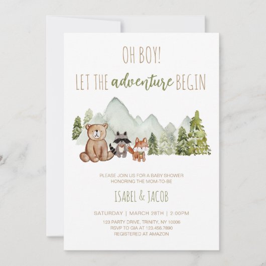 Lass der Adventure Begin Woodland Baby Shower Einladung (Vorderseite)