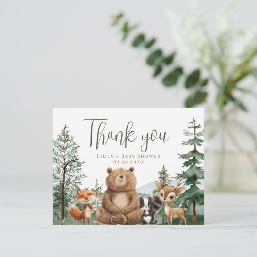 Lass der Adventure Begin Woodland Boy Baby Shower Dankeskarte (Stehend Vorderseite)