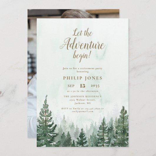Lass des Abenteuers Begin Forest Foto Retirement Einladung (Vorne/Hinten)