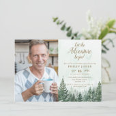 Lass des Abenteuers Begin Forest Foto Retirement Einladung (Stehend Vorderseite)