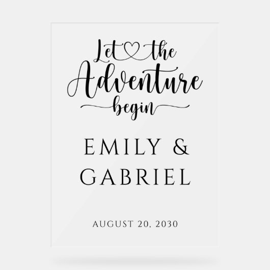 Lass des Adventure Begin Custom Wedding Acrylschild (Vorderseite)