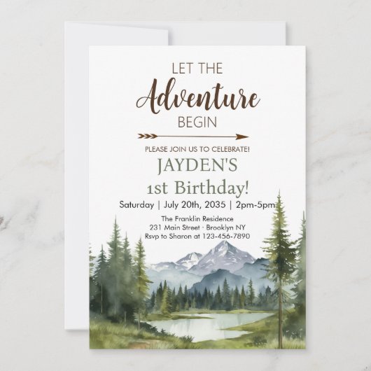 Lass des Adventure Begin Forest Rustic 1. Geburtst Einladung (Vorderseite)