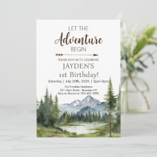 Lass des Adventure Begin Forest Rustic 1. Geburtst Einladung