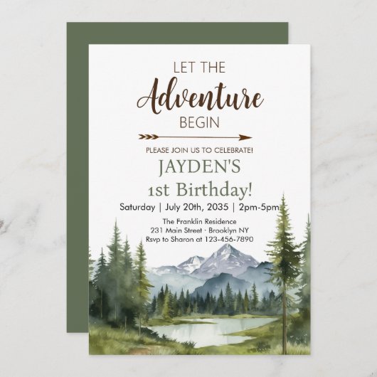 Lass des Adventure Begin Forest Rustic 1. Geburtst Einladung (Vorne/Hinten)
