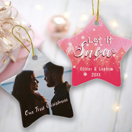 Lass es Schnee Erste Weihnachtsfeier Foto Pink Keramik Ornament