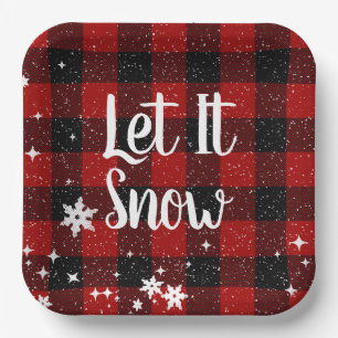 Lass es schneien Text auf Buffalo Plaid Pappteller