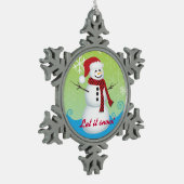 Lass es schneit! Snowman Wear Weihnachtsmannmütze Schneeflocken Zinn-Ornament (Links)
