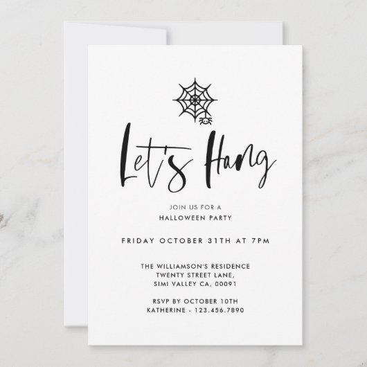 Lass Hang Black Minimal Spider Web-Halloween-Party Einladung (Vorderseite)