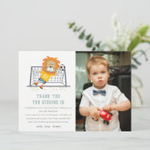 Lass Kick Lion Goalkeeper Soccer Foto Geburtstag Dankeskarte (Stehend Vorderseite)