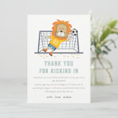 Lass Kick Lion Goalkeeper Soccer Kindergeburtstag Dankeskarte (Stehend Vorderseite)