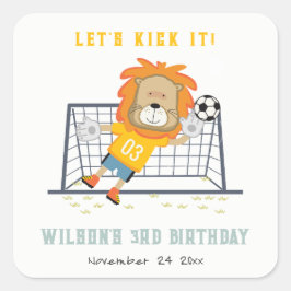 Lass Kick Lion Goalkeeper Soccer Kindergeburtstag Quadratischer Aufkleber