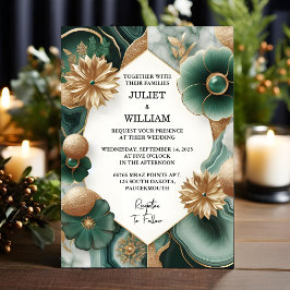 Lass Marble Monstera Smaragdgrün und goldene Hochz Einladung