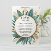 Lass Palm Tree Beach Green und Gold Brautparty Einladung (Stehend Vorderseite)