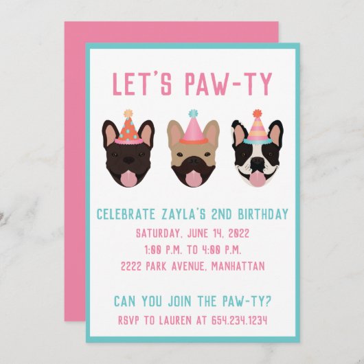 Lass Pawty French Bulldog Party Hats Einladung (Vorne/Hinten)