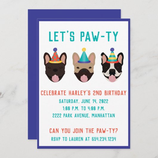 Lass Pawty French Bulldog Party Hats Einladung (Vorne/Hinten)