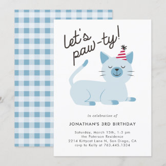 Lass Pawty Niedlich Kitty Cat Blue Birthday Party Einladung
