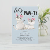 Lass Pawty Twins Joint Cat Theme Birthday Party Einladung (Stehend Vorderseite)