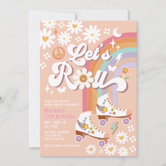 Lass Roll Retro Groovy Roller Skate Daisy Birthday Einladung (Vorderseite)