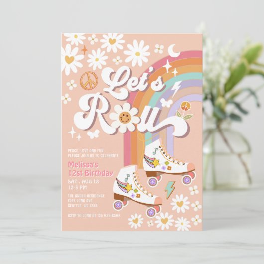 Lass Roll Retro Groovy Roller Skate Daisy Birthday Einladung (Stehend Vorderseite)