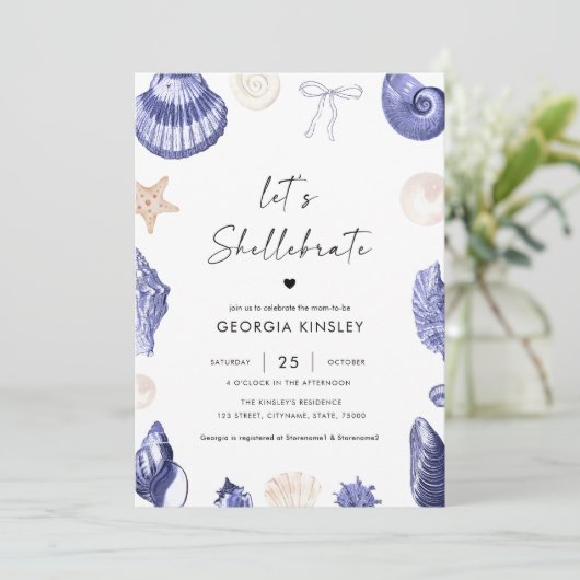 Lass Shellebrate Blue Sea Nautical Boy Baby Shower Einladung (Stehend Vorderseite)