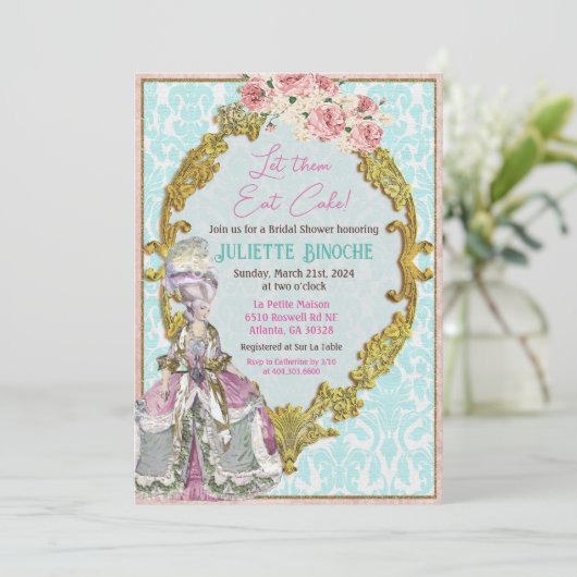 Lass sie essen Cake Marie Antoinette Brautparty Einladung (Stehend Vorderseite)
