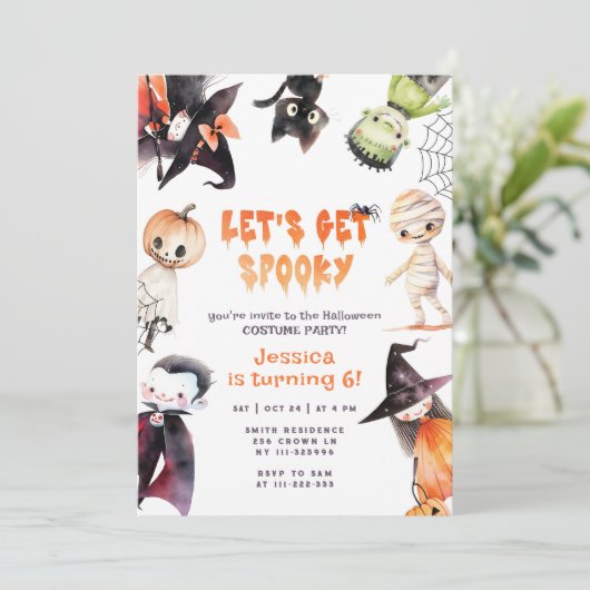 Lass Spooky Niedliche Kinder Kostüm Party Hallowee Einladung (Stehend Vorderseite)