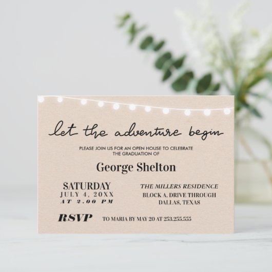 Lass The Adventure Begin Open House Grad Party Inv Einladung (Stehend Vorderseite)