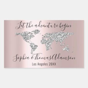 Lass The Adventure Begin Wedding World Map Rose Rechteckiger Aufkleber