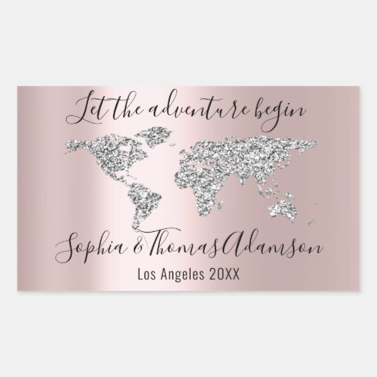 Lass The Adventure Begin Wedding World Map Rose Rechteckiger Aufkleber (Vorderseite)