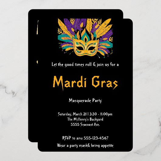 "Lass the Good Times Roll: Mardi Gras Celebration" Folieneinladung (Vorderseite/Rückseite)