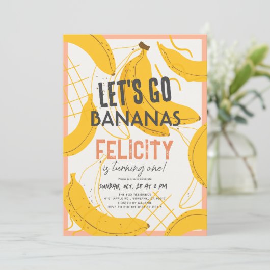 Lass uns Bananen gehen Gelb & Rosa am 1. Geburtsta Einladung (Stehend Vorderseite)