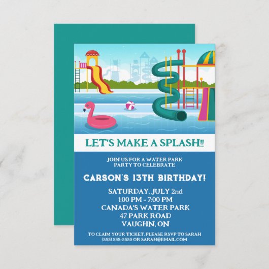 Lass uns einen Splash machen! Water Park Geburtsta Einladung (Vorne/Hinten)